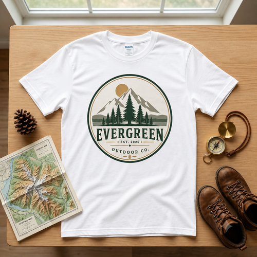 Evergreen Mountain Graphic T-Shirt | Unisex Gildan 5000 Outdoor Tee
