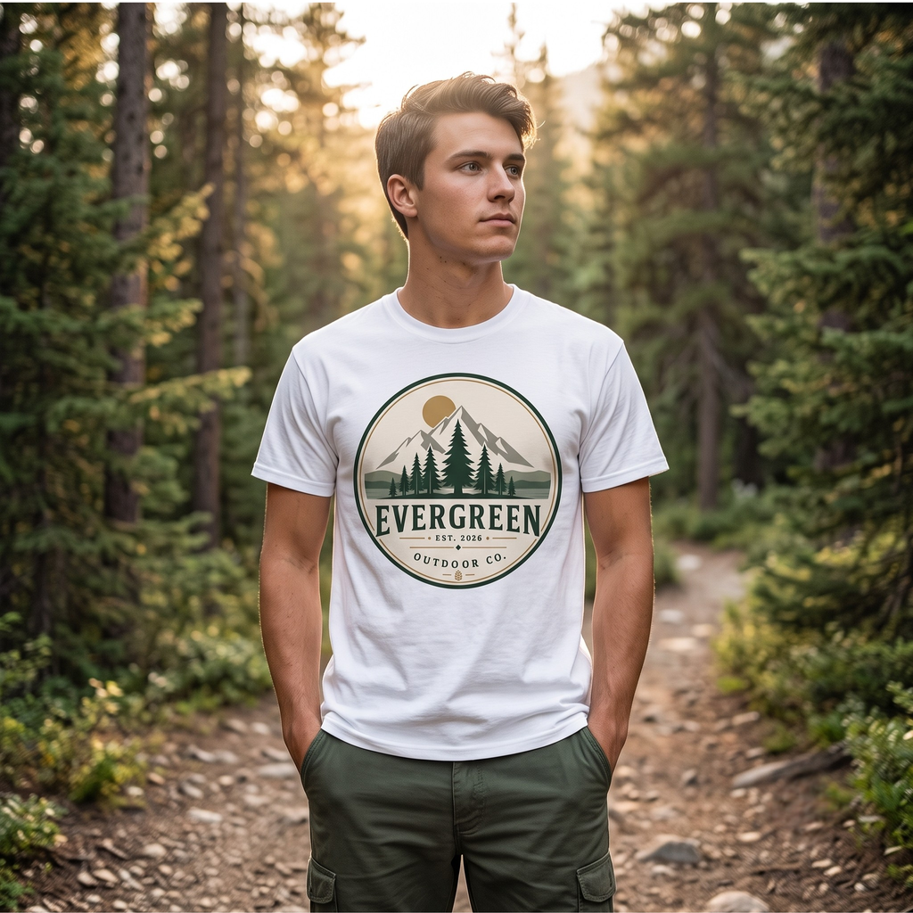 Evergreen Mountain Graphic T-Shirt | Unisex Gildan 5000 Outdoor Tee
